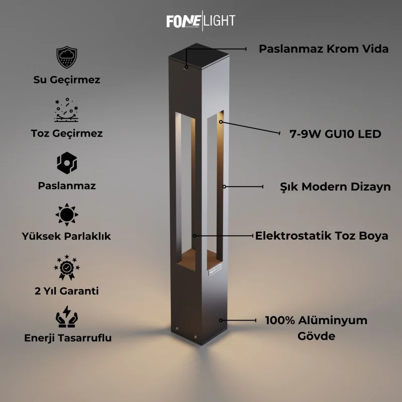 Uzun boylu antrasit renk gün ışığı yayan FoneLight bollard aydınlatma armatürünün teknik özellikleri